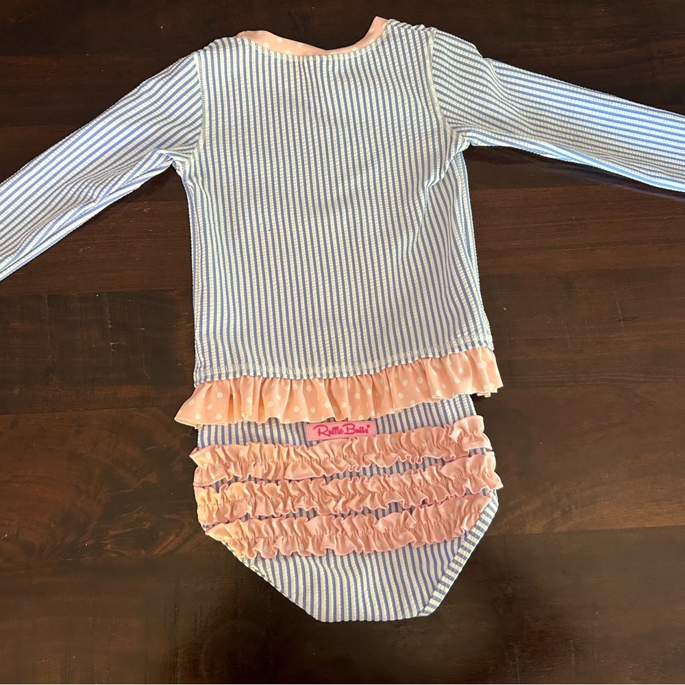 Ruffle Butts Blue and White Rashguard Set with Ruffles - Picture 2 of 3
